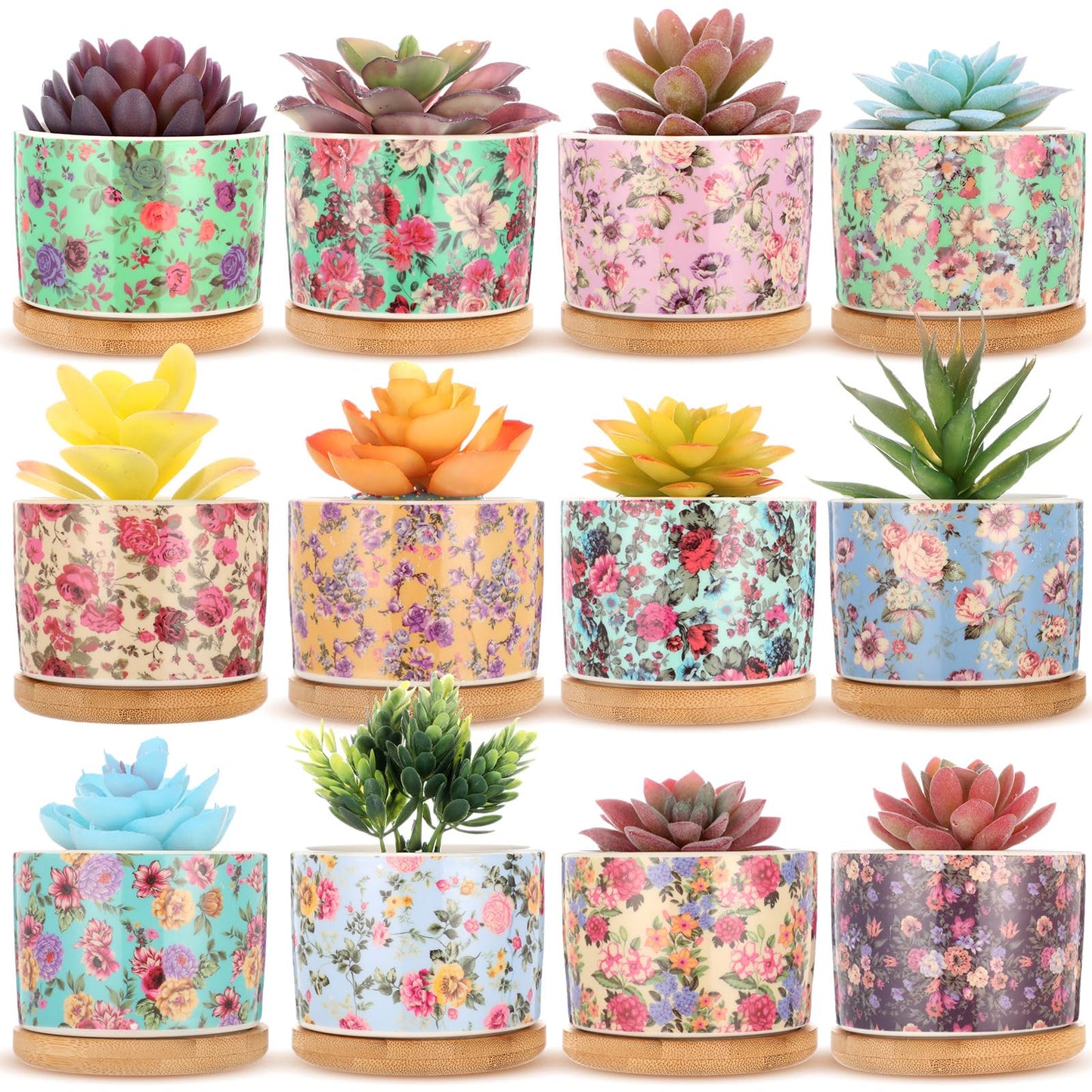 Threehoney 12 Pack 3.14 Inch Ceramic Succulent Plant Pots Mini Flower Cylinder Pots with Drainage Hole and Bamboo Trays for Small Plants Flowers Cactus Home Office Decor(Chinoiserie)