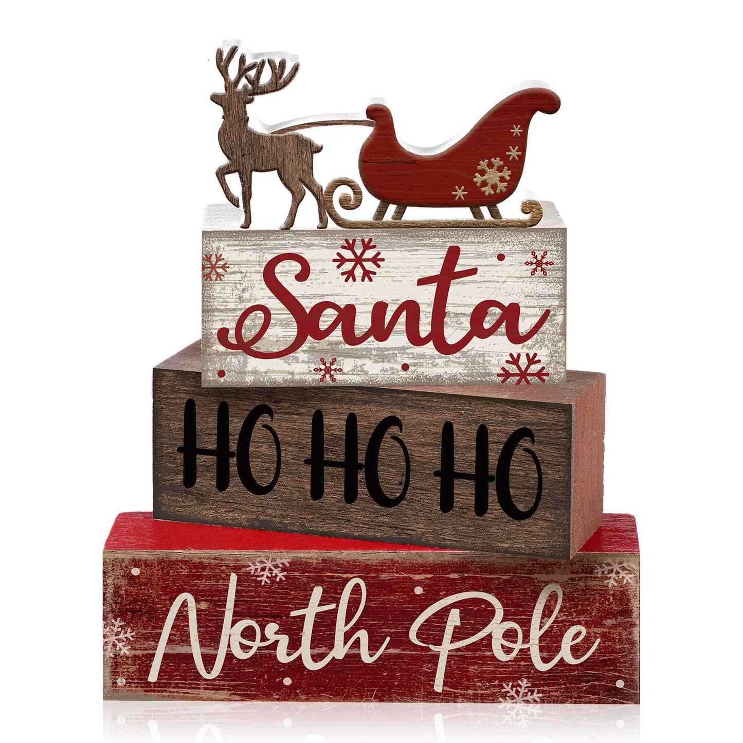 Moucuny 4 Pcs Reindeer Christmas Table Decor Wooden Reindeer Christmas Tiered Tray Decor Xmas Centerpiece Decorative Red Deer Pulled Sleigh Block Signs Gift Farmhouse Xmas Decoration for Home Kitchen