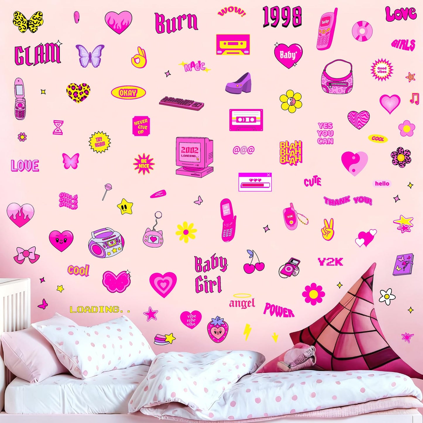 Cute Pink Wall Stickers Princess Girly Wall Decals Aesthetic Trendy Sticker for Girls Room Decor Pink Preppy Stickers for Laptop Water Bottles Decoration Bedroom Playroom Decor
