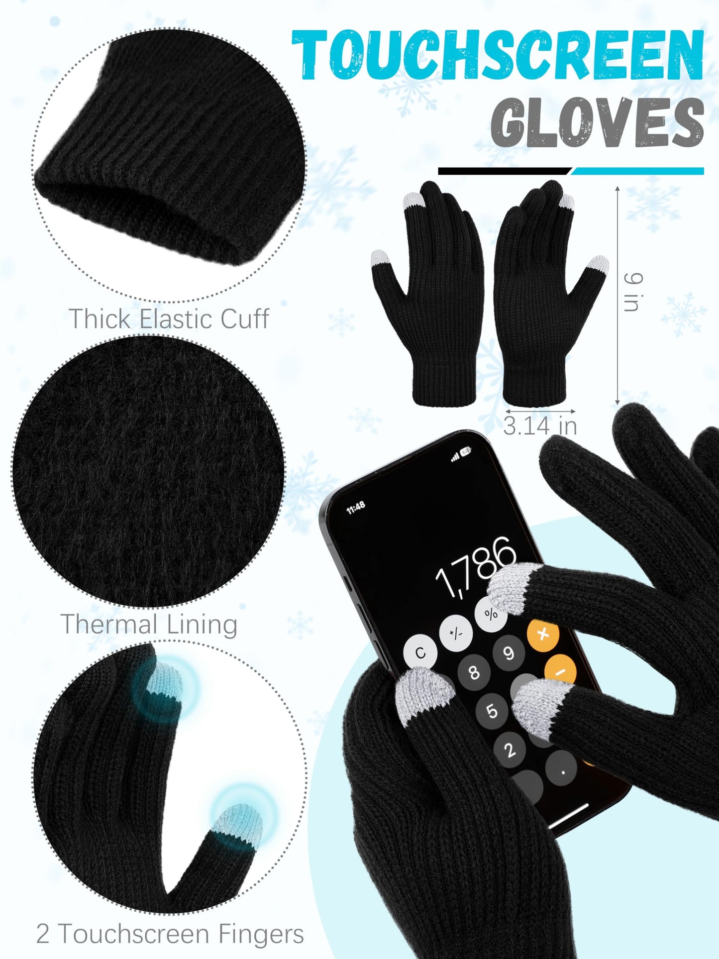 3 PCS Winter Hat Scarf Gloves Set, Soft Warm Knit Beanie Hat Touchscreen Gloves Long Knitted Scarf Set Winter Gifts for Men