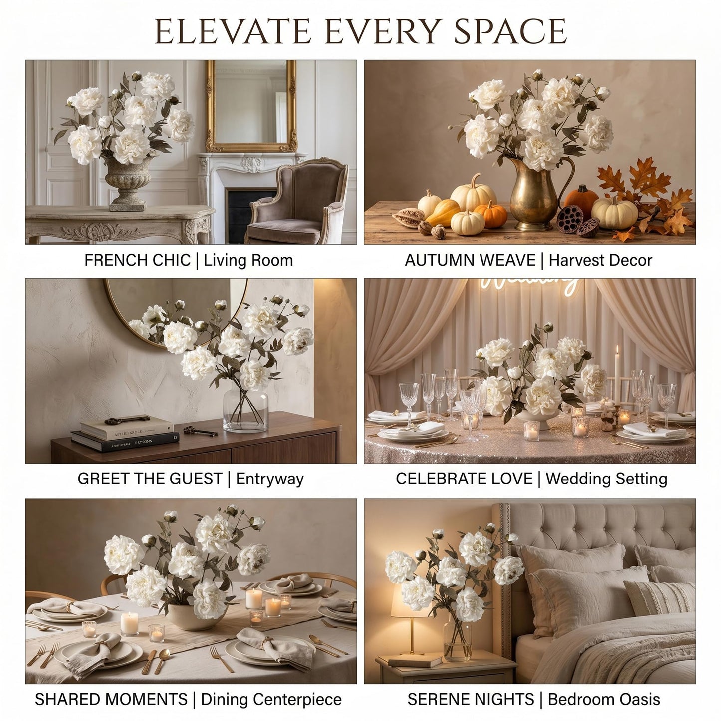 White Artificial Peony Flowers for Vase, 6 Faux Peony Stems with Large Realistic Blooms and Buds, 28.3" Long Stem Silk Peonies, Faux Flowers for Wedding Centerpieces, Living Room Table Home Decor