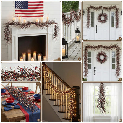 Quixem 5FT (60 in) Patriotic Red White & Blue Pip Berry Garland for Mantel & Table Decor, Americana Farmhouse Decor for 4th of July & Memorial Day, Rustic Flexible Wired Vine, Precise Length