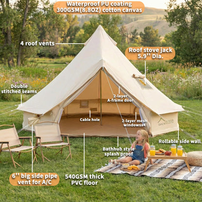 DANCHEL OUTDOOR 4 Season Canvas Yurt Tent with Large Wood Stove, Heavy Duty Bell Tent with Stove Jack 4 Person Winter Camping Glamping, 13ft/4m