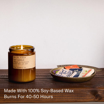 P.F. Candle Co. Piñon Classic Standard Scented Soy Wax Candle (7.2 oz) 40-50 Hour Burn Time, Amber Glass Jar, Made in The U.S.A.