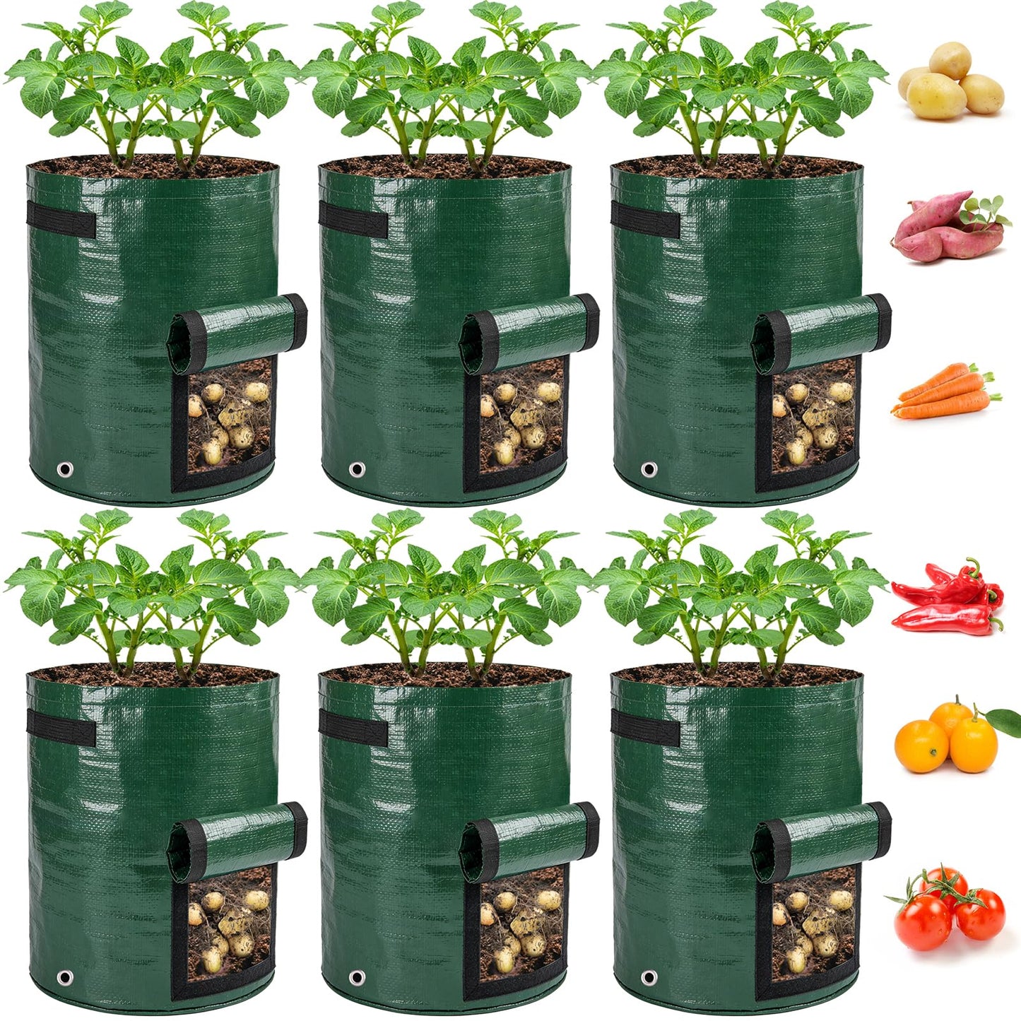 cyrico Potato Grow Bags, 10 Gallon 6 Pack Grow Bags for Potatoes with Flap Harvest Window and Handles, Sturdy PE Fabric Pots Potato Planter Garden Planting Bags for Onion Fruits Tomato Vegetables