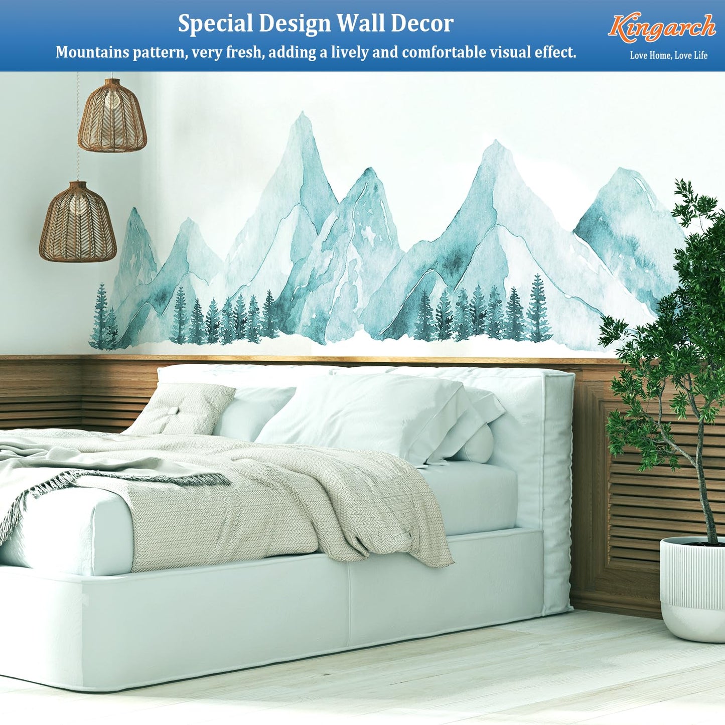 Large Mountain Wall Decals, Spa Green Pine Tree Peel and Stick Vinyl Wall Stickers & Murals, Removable Home Room Wall Decor for Bedroom Living Room Bedroom Classroom Office Nursery