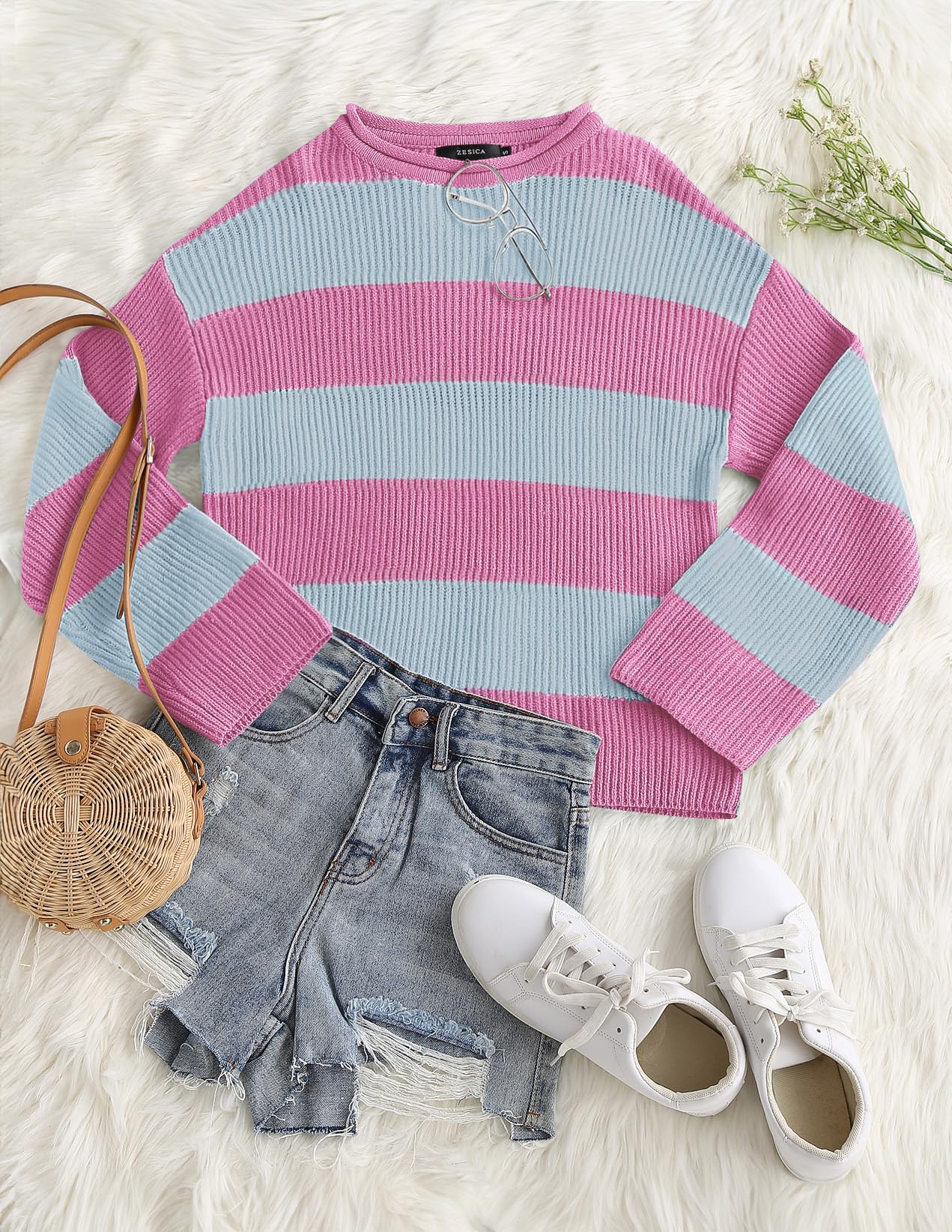 ZESICA Women's 2025 Fall Long Sleeve Oversized Striped Color Block Comfy Loose Crew Neck Knitted Pullover Sweater