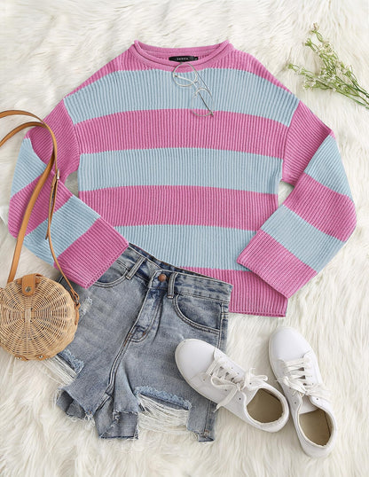 ZESICA Women's 2025 Fall Long Sleeve Oversized Striped Color Block Comfy Loose Crew Neck Knitted Pullover Sweater