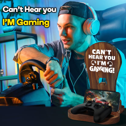 Slothoem-Gamer Gifts for Men Teenage Boy, Gamer Room Decor for Brother, Gaming Gifts for Son, Boyfriend, Husband, Gamer Room Accessories Stuff, Wooden Headset Stand - Can't Hear You I'm Gaming