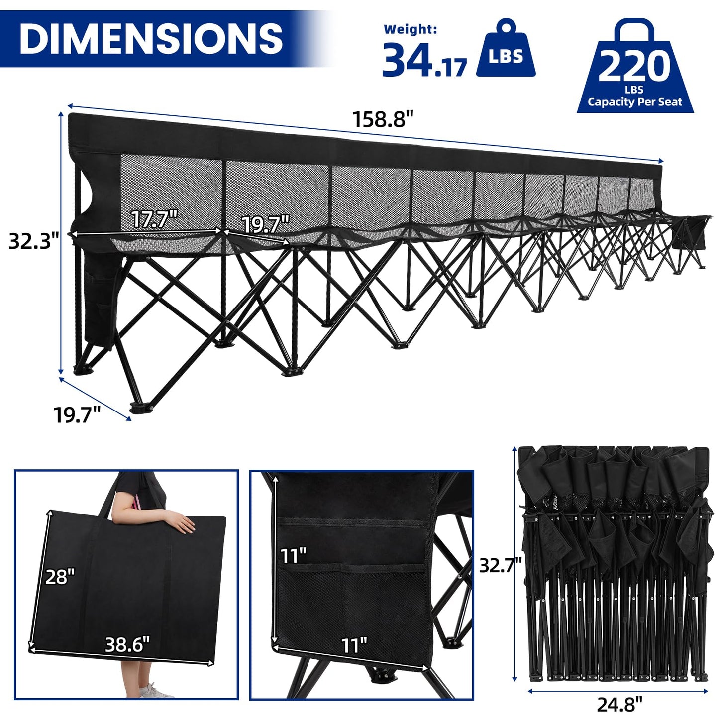 Permade Soccer Bench- Folding Team Bench Soccer 9 Seats, Portable Sideline Sports Benches with Mesh Seat and Back with Bag, Foldable Breathable Chairs for Sports Football Camp Events (Black