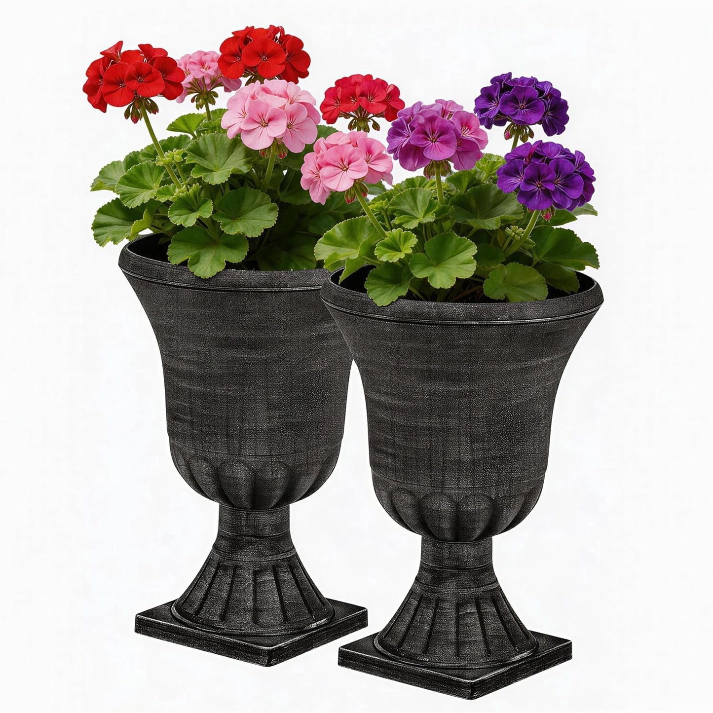Autodaya 22" Tall Plastic Urn Planters Set of 2, 3D Textured Washed Black Finish Pedestal Plant Pots, Weather-Resistant Large Flower Pots for Front Porch, Patio, Garden & Indoor Use