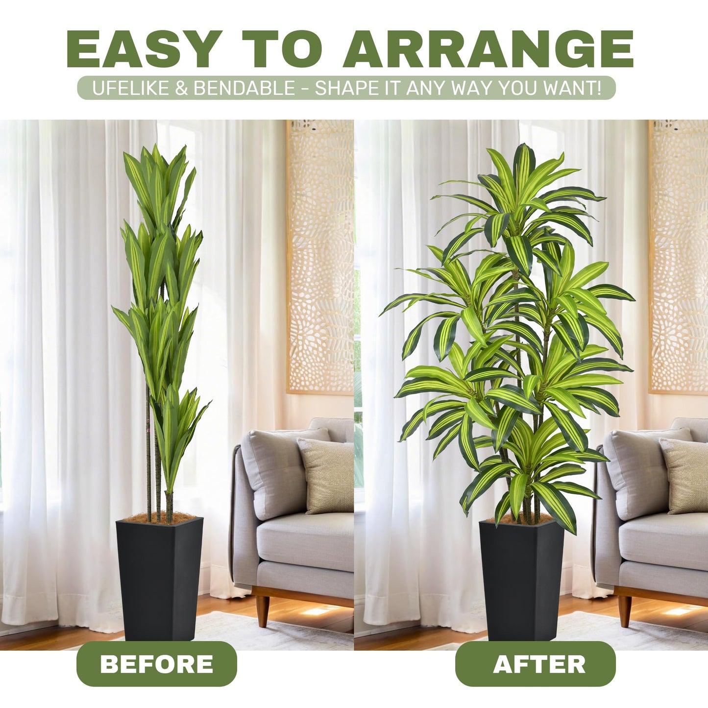 Artificial Dracaena Tree 6FT(72in) Tall Fake Silk Yucca Tree with Black Planter, Faux Floor Potted Artificial Plants for Home Office Living Room Indoor Decor (6feet,Tall Pot)