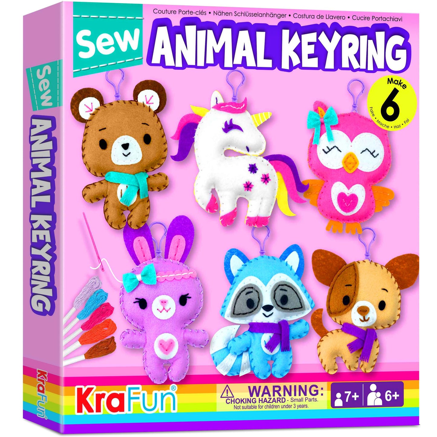 KRAFUN Unicorn Sewing Keyring Kit for Kids Ages 7-12, Beginner Craft Set with 6 Stuffed Dolls (Bear, Dog, Rabbit, Raccoon, Owl, Unicorn), Felt Materials, Embroidery Supplies, Instructions