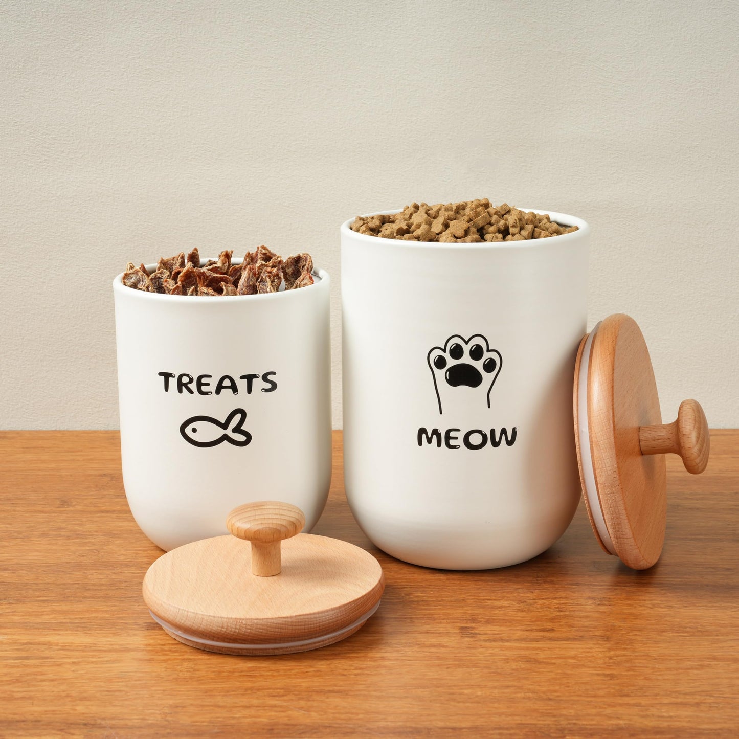 OTTENON Cat Treat Container with Airtight Lid, Cat Food Oganizer Dry Food, Cat Food Storage Containers, Pet Treats Canister, Cat Treat Jar Set of 2-8.3x4.9 & 7.1x4.3 (White)