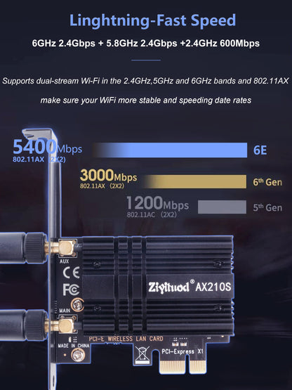 WiFi Card 5400Mbps 6E Wireless WiFi Bluetooth 5.3 PCIe Network Card, Intel WiFi 6E AX210 Chip, 6GHz/5GHz/2.4GHz PCI Express Bluetooth WiFi 6 Card for Desktop/PC Windows 11/10(64Bit)
