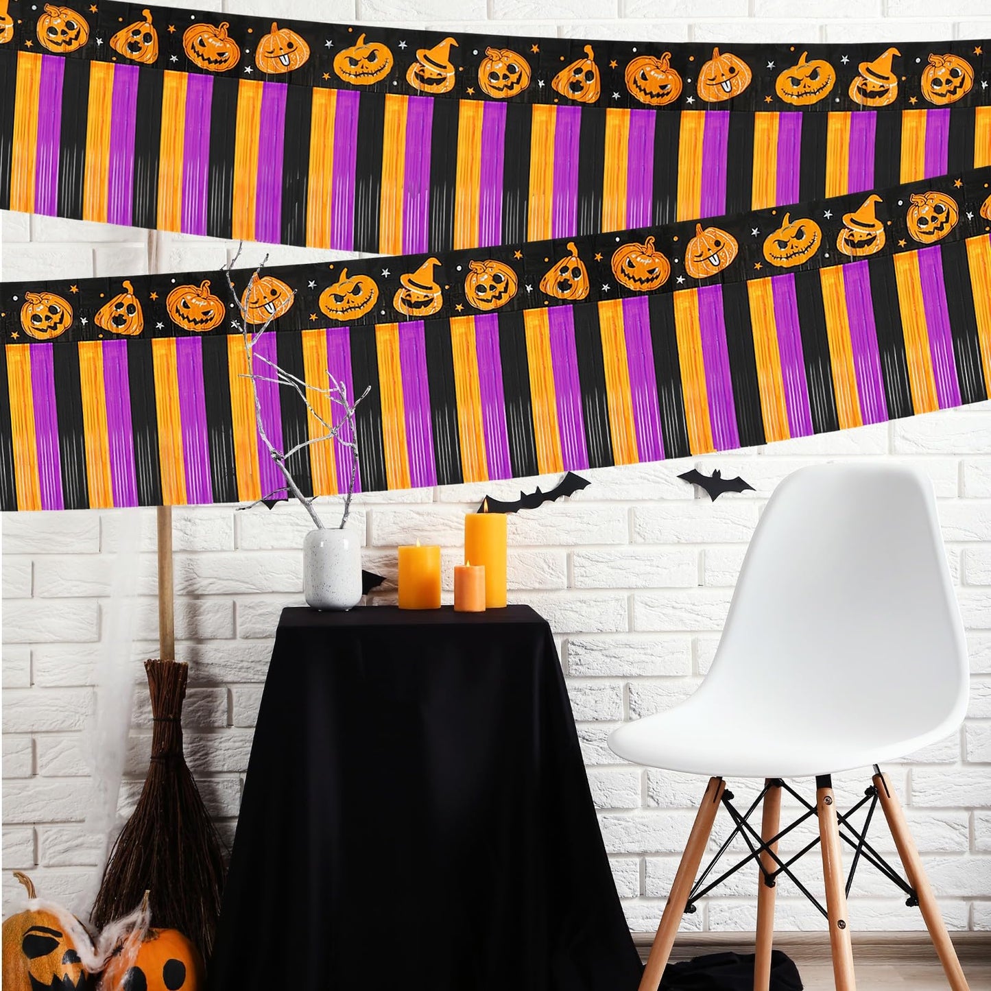 Pack of 4 Halloween Decorations, 79 Feet Halloween Foil Fringe Garland Orange Purple Black Pumpkin Metallic Tinsel Streamers Banner Wall Hanging Float Fringe Backdrop for Party Holiday Supplies