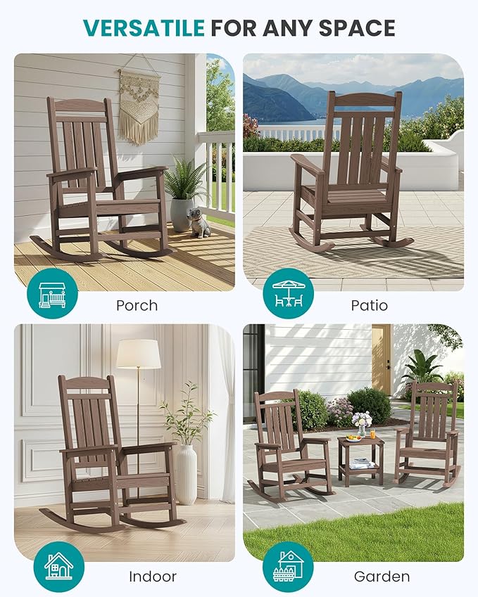 SERWALL HDPE Outdoor Rocking Chair for Adults, Heavy Duty Patio Rocking Chair, All-Weather Oversized Porch Rocker, Brown