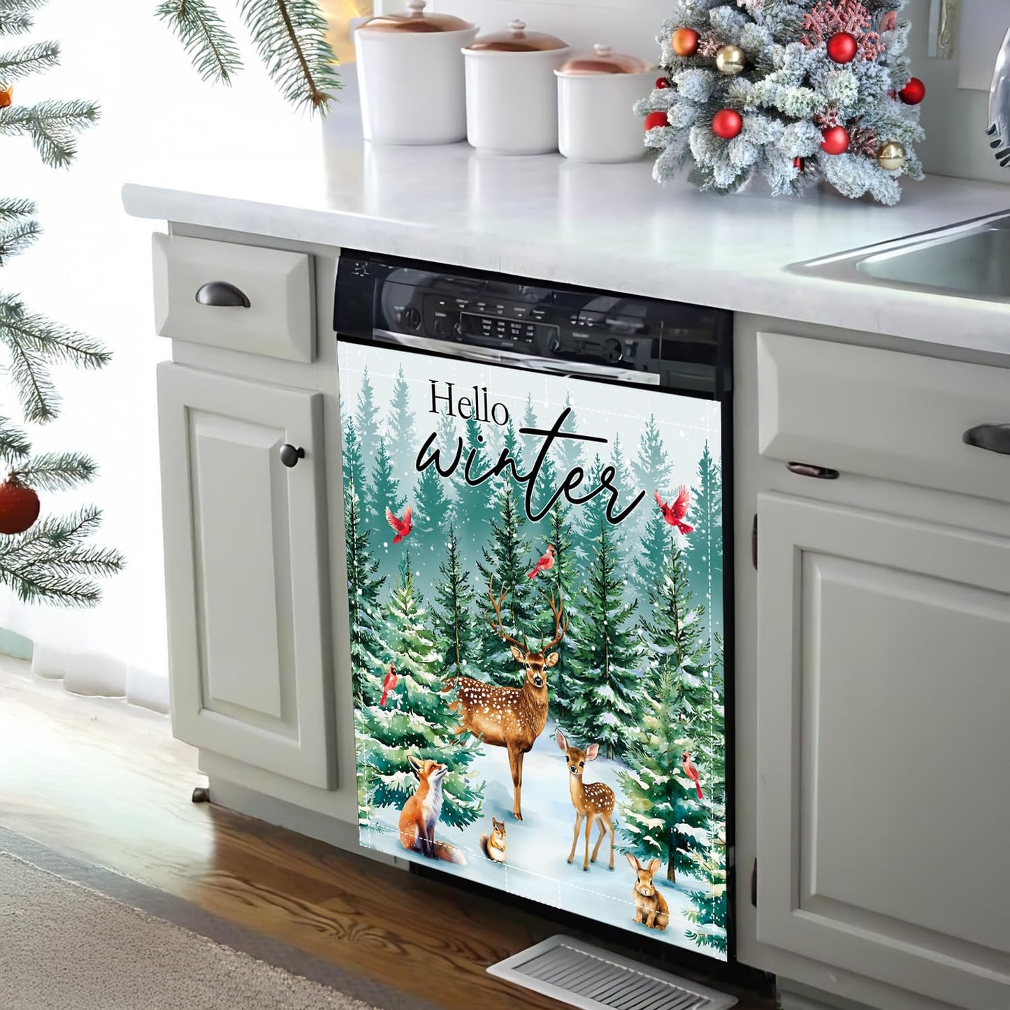 Hello Winter Dishwasher Magnet Cover 23x26in Christmas Dishwasher Cover for Washers Fridge Panel, Cardinal Bird Magnetic Covers for Kitchen, Machine Door Covers Decor, Christmas Deer Kitchen Decor