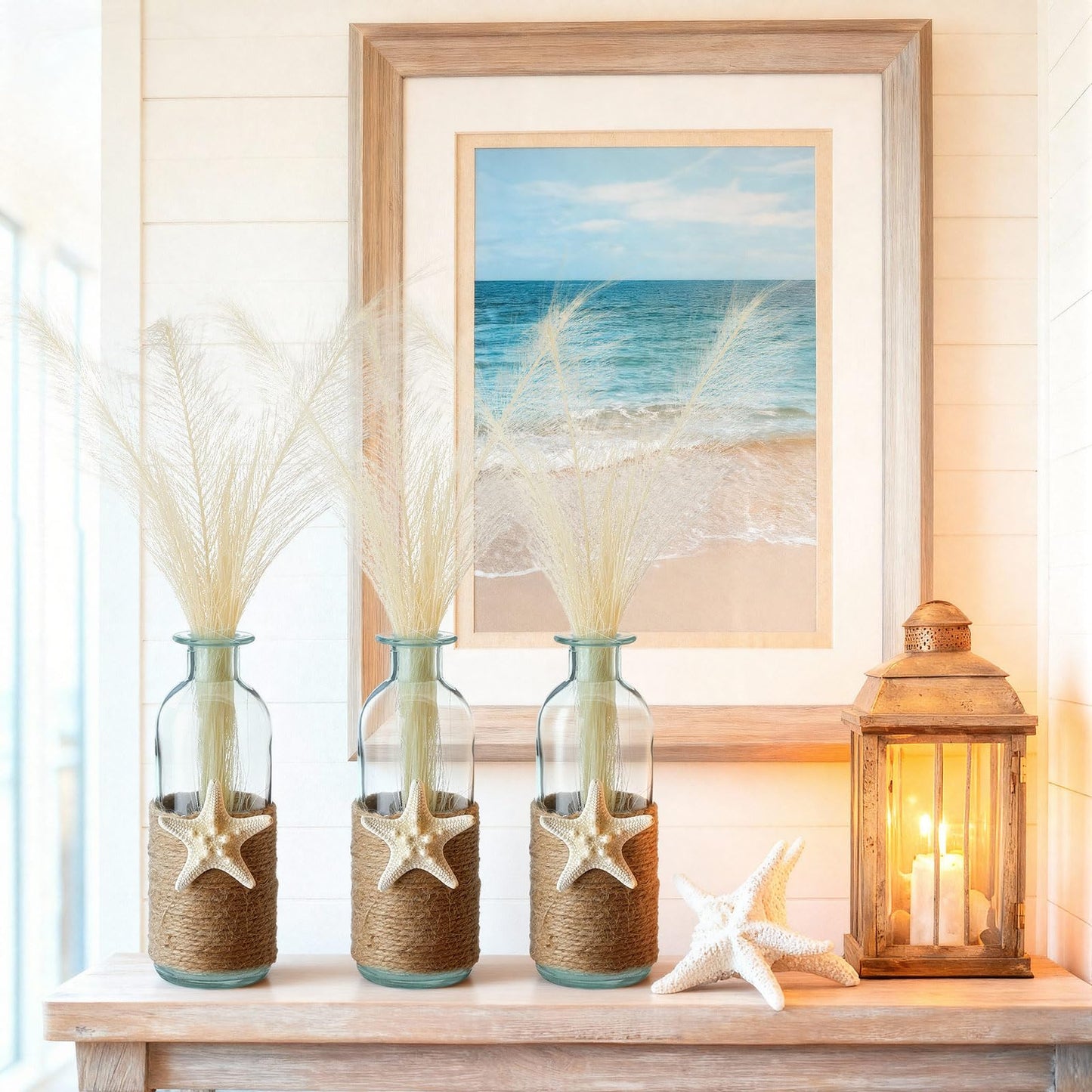 Vicenpal Set of 4 Blue Bud Glass Vase Coastal Starfish Small Flower Vase with Artificial Reeds Boho Rope Beach Decorative Table Centerpiece for Coastal Nautical Wedding Floral Room Decor