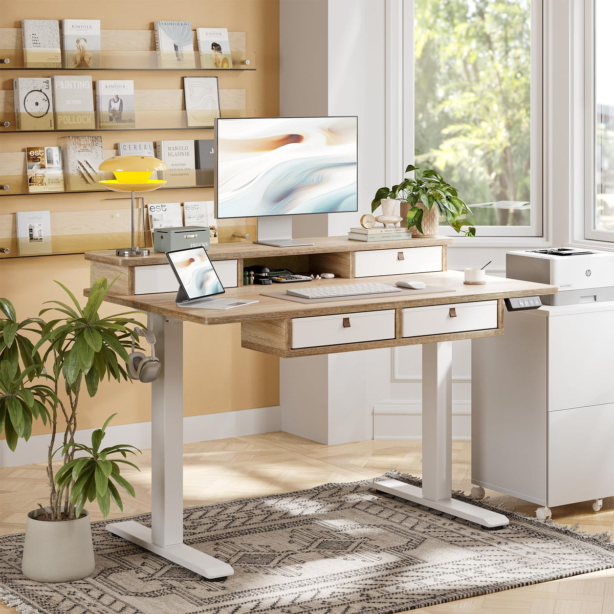 TIQLAB 55 * 28 Inch Standing Desk with Four Drawers, Electric Sit Stand Table, Stand Up Desk Adjustable Height with Storage Shelf, Splice Board, Maple