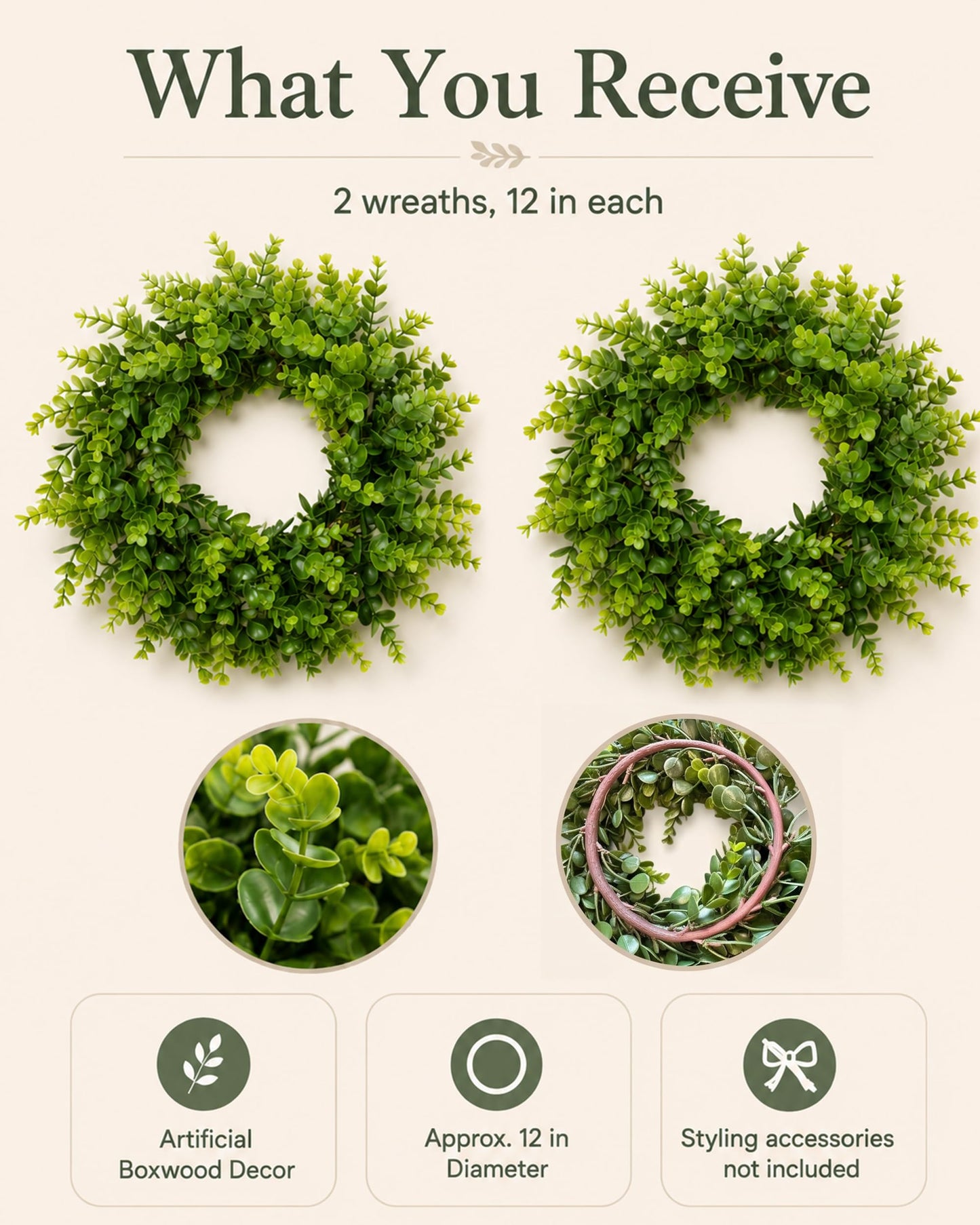 Plamyi 12" Mini Boxwood Wreaths 2-Pack - Faux Greenery for Decorating