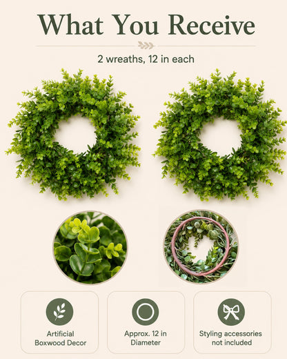 Plamyi 12" Mini Boxwood Wreaths 2-Pack - Faux Greenery for Decorating