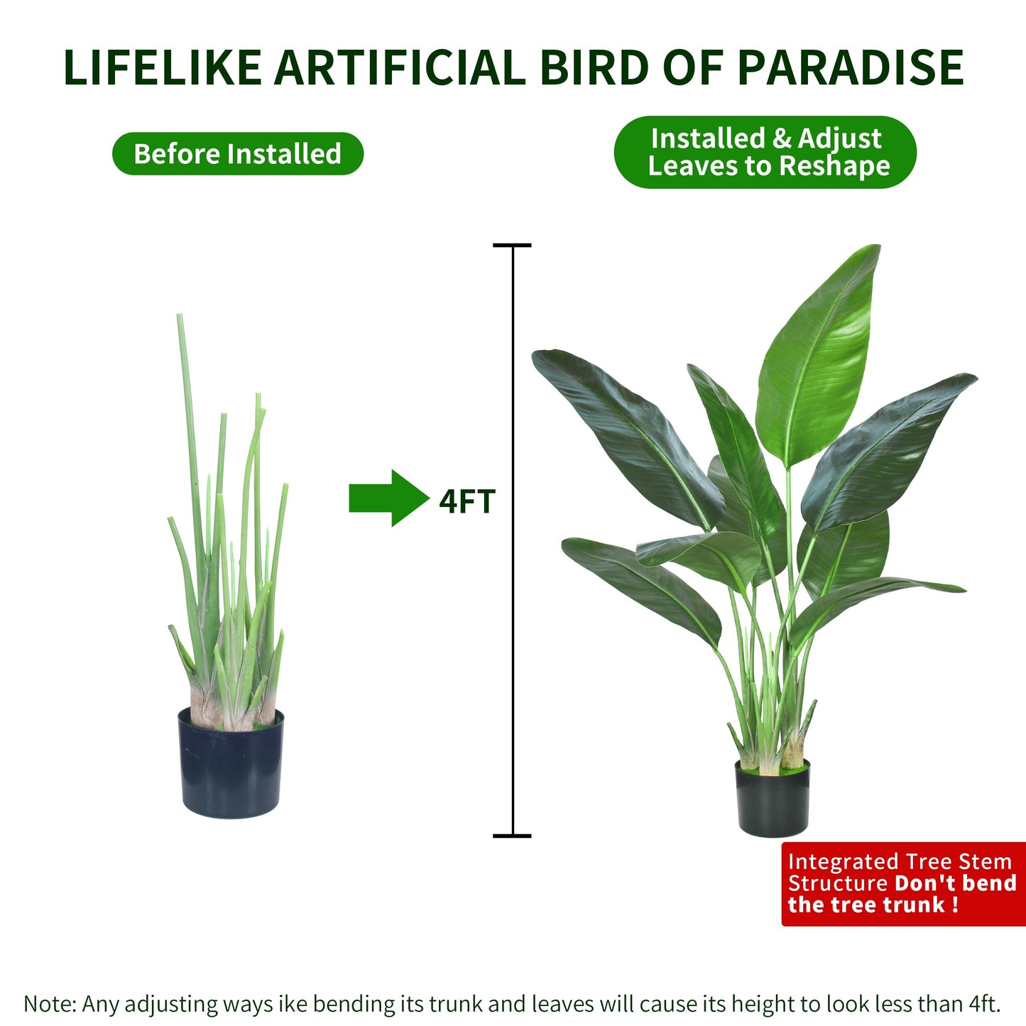 HAIHONG Artificial Bird of Paradise Plant,Faux Palm Tree Potted Plant with Real Touch Leaves,Fake Trees for Home Living Room Office Indoor Outdoor Decor(4FT-1Pack)