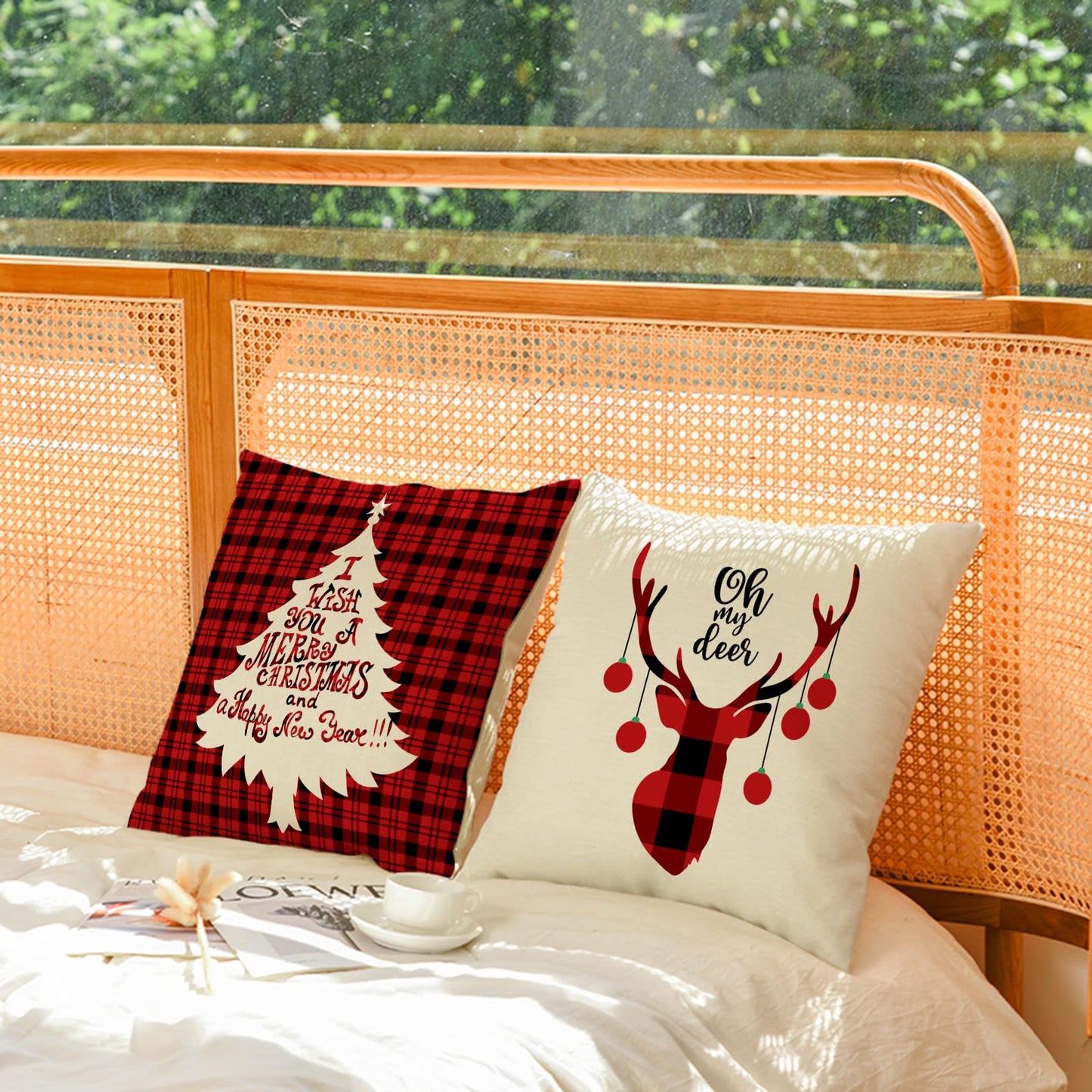 Set Of 4 Christmas Decorative Throw Pillow Covers Christmas Holiday Xmas Square Linen Cushion Covers Merry Christmas Trees Red Truck Snowflakes Deer Outdoor Couch Sofa Home Pillow Cases 18x18 Inch