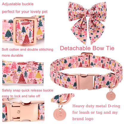 UP URARA PUP Christmas Dog Collar with Bow Tie, Pink Christmas Tree Collars for Dogs, Adjustable Pet Collar with Cute Xmas Tree Pendant, Winter Dog Accessories for Small Medium Large Dogs L