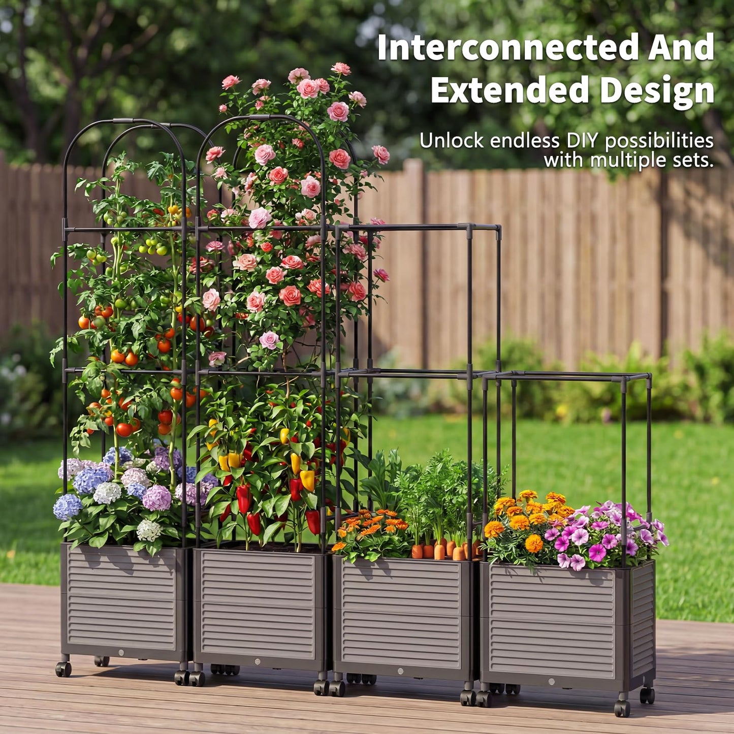 UrGROWA Raised Garden Bed Planter Box with Trellis, 61''H Tomato Planters for Climbing Plants Vegetable Vine Flowers Outdoor Patio Tomato Cage, Self Watering Planter with Wheels