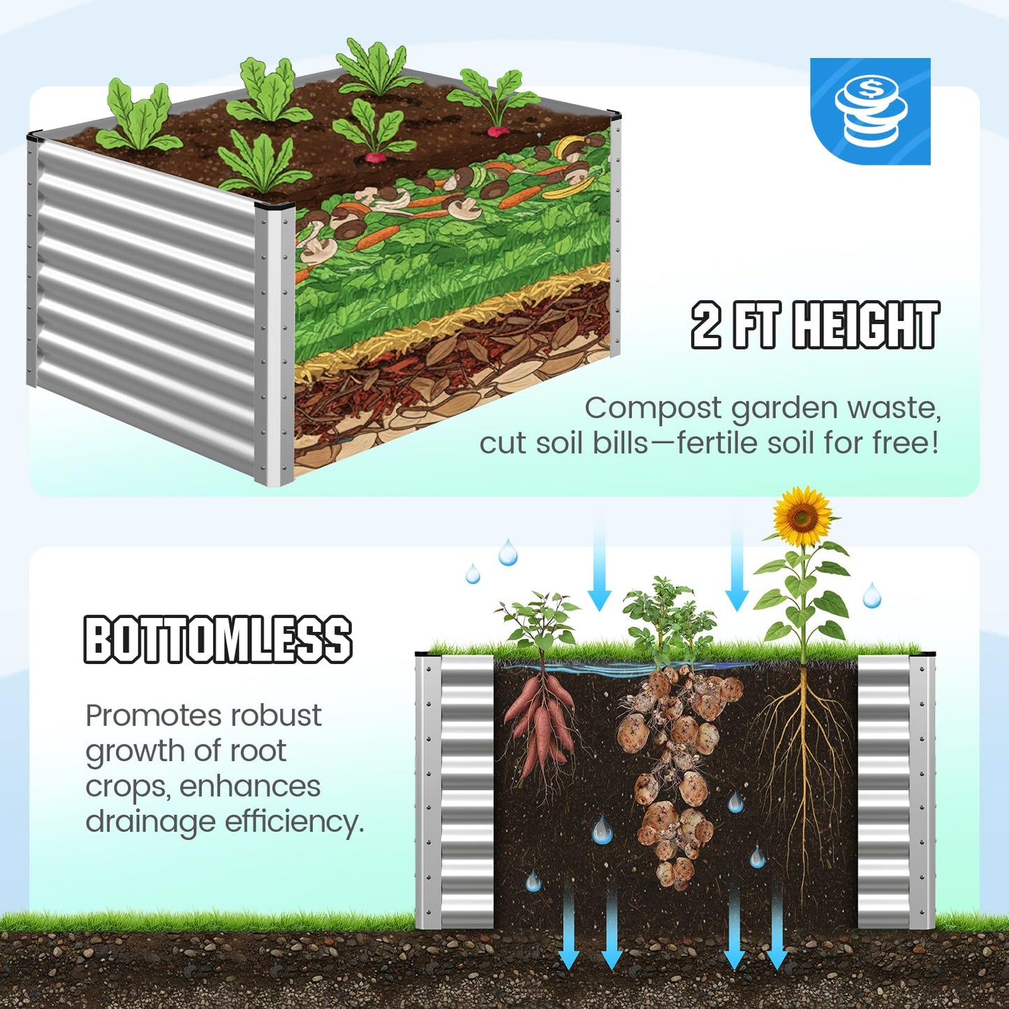 Quictent Galvanized Raised Garden Bed 4x3x2ft Tall Garden Bed Extra Height 22.4" Hold 24cft Soil Outdoor Heightened Planter Box for Deep Root Vegetables Herbs Tomato Cage Included, Silver