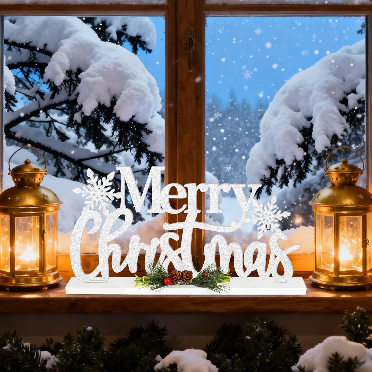 Wooden Christmas Decoration Merry Christmas Tabletop Decor, Snowflake Glitter Shining Xmas Table Sign, Farmhouse Rustic Winter Centerpiece for Home Kitchen Bedroom Tiered Tray Mantel Decor