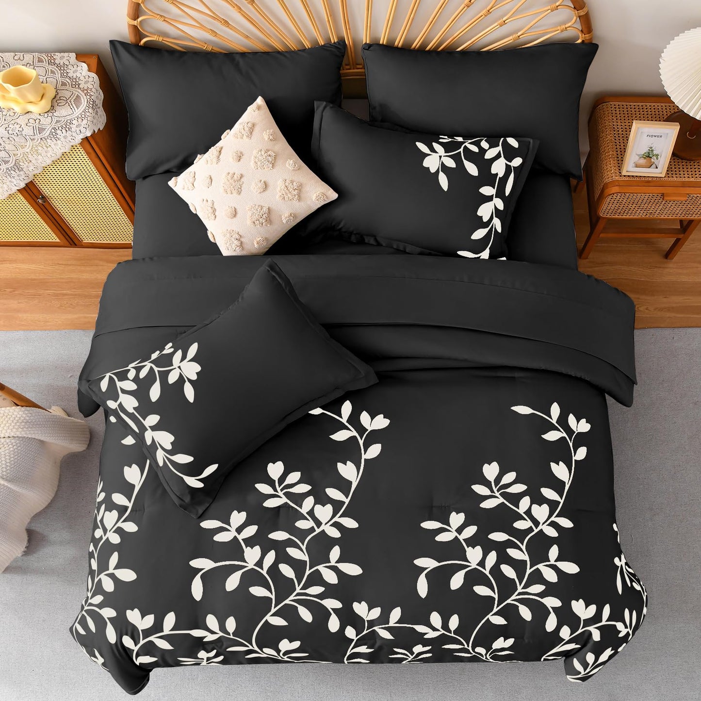 METAHOTS King Size Comforter Set - 7 Pieces White Floral Botanical Printed on Black King Comforter Set with Sheets, Soft Lightweight Microfiber Bedding Set for All Season(104"X90")