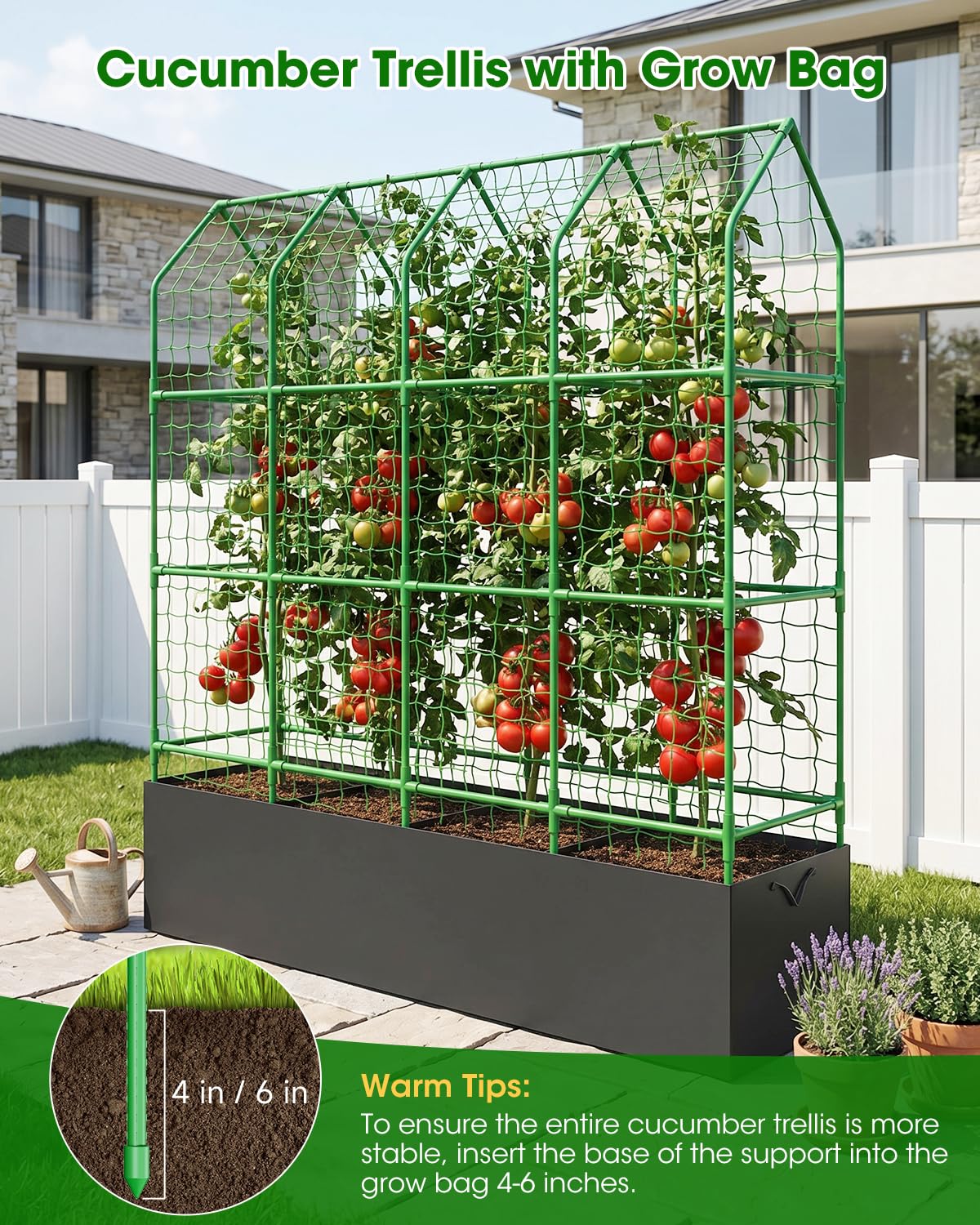 65" Cucumber Planter with Trellis for Climbing Plants Outdoor, Metal Garden Trellis for Raised Bed, Plant Support Structures with Netting for Cucumbers Tomatoes Beans Peas (67 * 17 * 65inch(L*W*H)
