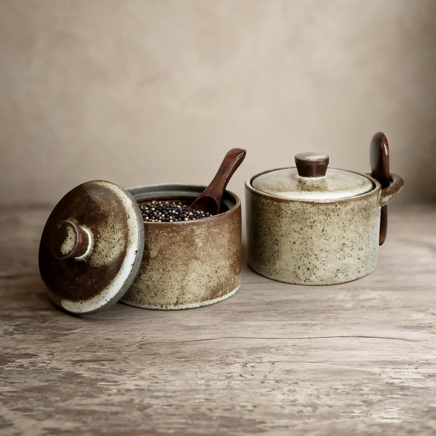 seicasaya Handcrafted Speckled Ceramic Salt Cellar with Wooden Spoon, Rustic Vintage Spice Jar, Dishwasher Safe, 8.45 fl oz (Peckled Ceramic set of 2)
