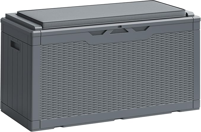 Greesum 100 Gallon Resin Deck Box Large Outdoor Storage Boxes with Cushions for Garden Tools, Patio Furniture Pillows, Pool Supplies, Gray