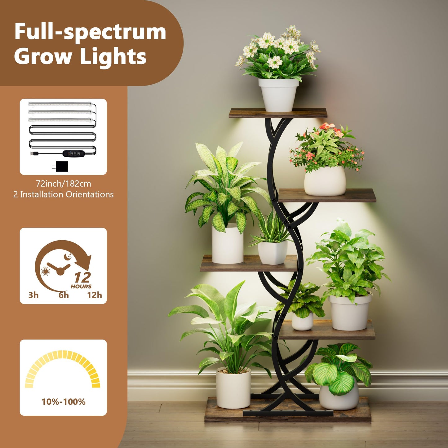 Plant Stand Indoor with Grow Lights - 44" Tall Corner Plant Stands for Indoor Plants, 5 Tiered Metal Plant Shelf, Curved Plant Flower Holder Dispaly Rack for Living Room, Home Patio Balcony (Black)