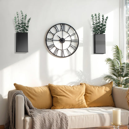 2 Pack Metal Wall Planter Vases Decor with Artificial Eucalyptus, Modern Farmhouse Rustic Hanging Pocket Planters for Indoor Greenery and Flowers, Living Room Bedroom Kitchen Decoration, Black