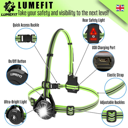 LUMEFIT Running Light for Runners - Chest LED Lamp Run Light - 90° Adjustable Beam Angle, 500 Lumen 360 Degree Reflective Band, USB Rechargeable - Front Body Torch Rear Safety Warning (Green)