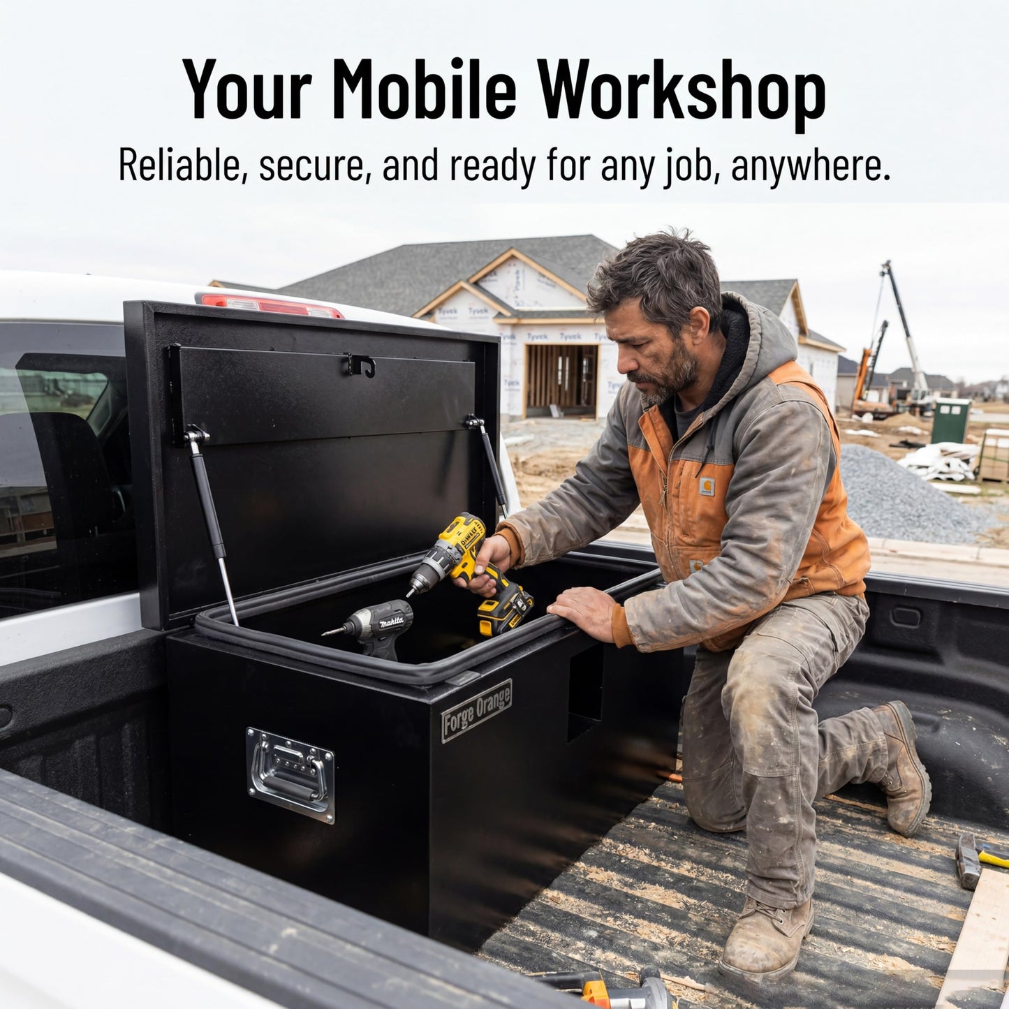 YRCHOFQU 24" x 15" x 15" Heavy Duty Black Steel Truck Bed Tool Box, Trailer Tongue Storage Chest with Weatherproof Seal & Pneumatic Hinge for Pickup, RV, Utility Vehicles