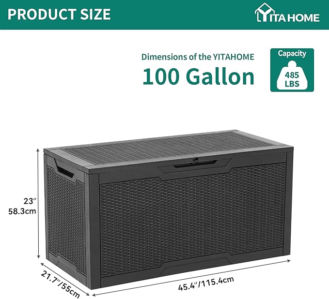 YITAHOME 100 Gallon Resin Deck Box, Weather Resistant Outdoor Storage Box, Lockable Indoor Outdoor Storage for Supplies and Essentials, Black