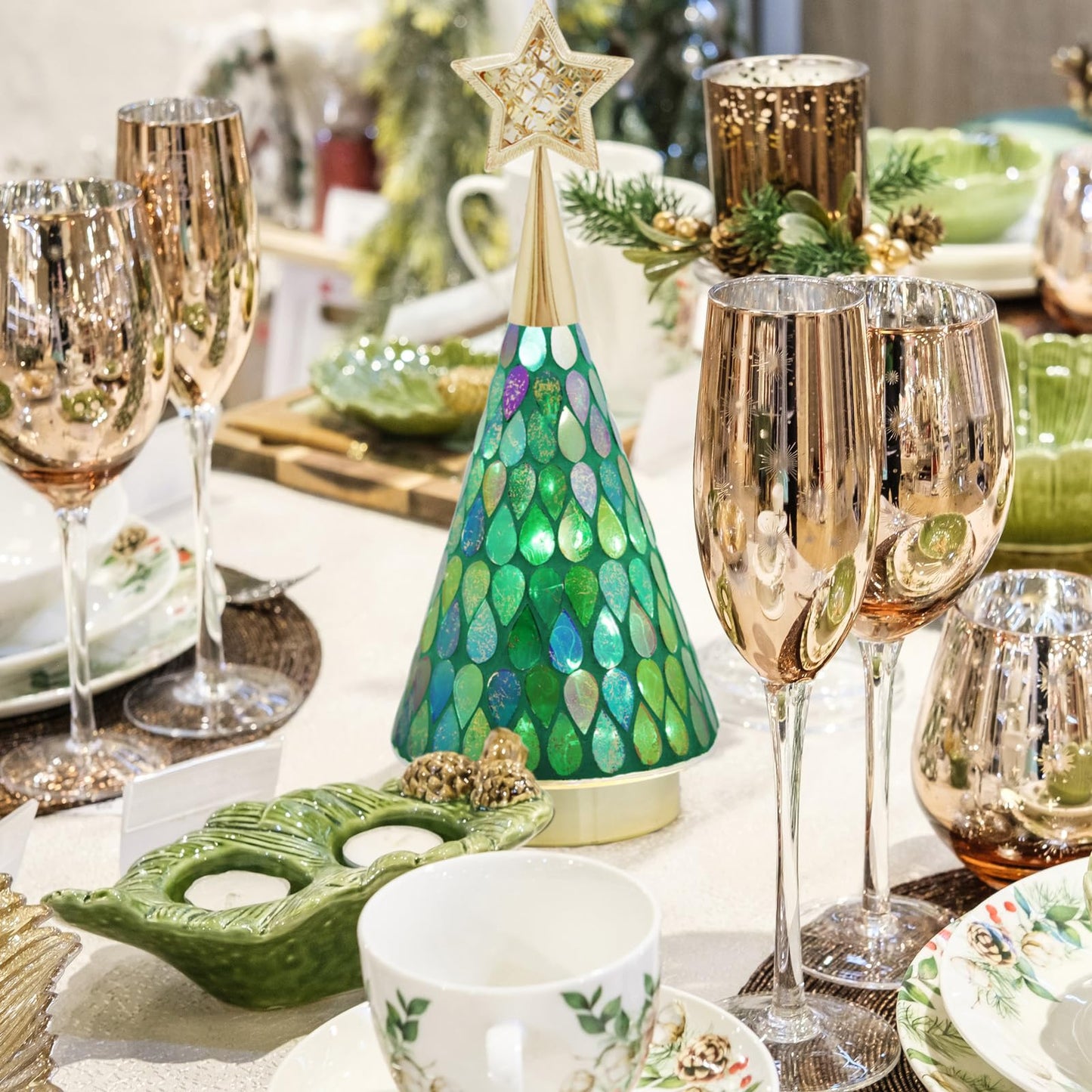 Green Glass Tabletop Christmas Trees, 3 PCS Handmade Mosaic Glass Small Christmas Trees with Light, Battery Operated Xmas Tree for Bedroom Decor 11"