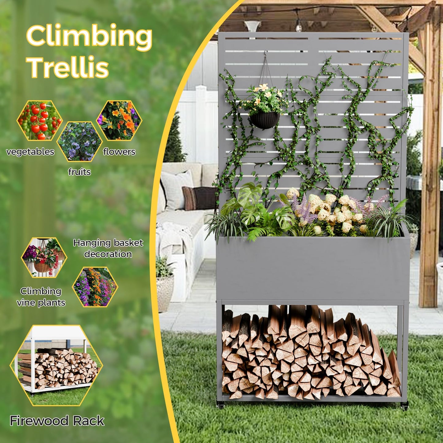 Metal Planter Box with Trellis, 3 in 1 Raised Garden Bed with Trelli & Firewood Rack, Privacy Planter Screen for Climbing Plants, Vine, Outdoor Garden Standing Beds with Drainage Holes, Wheels,Grey