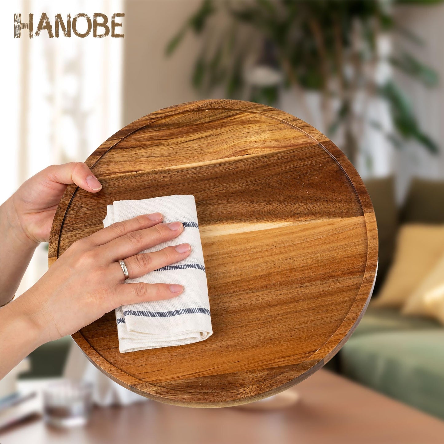 Hanobe Wood Tray Lazy Susan: Round Acacia Wooden Turntable Decorative Coffee Table Trays for Kitchen Counter Centerpiece Organizer Decor for Cabinet