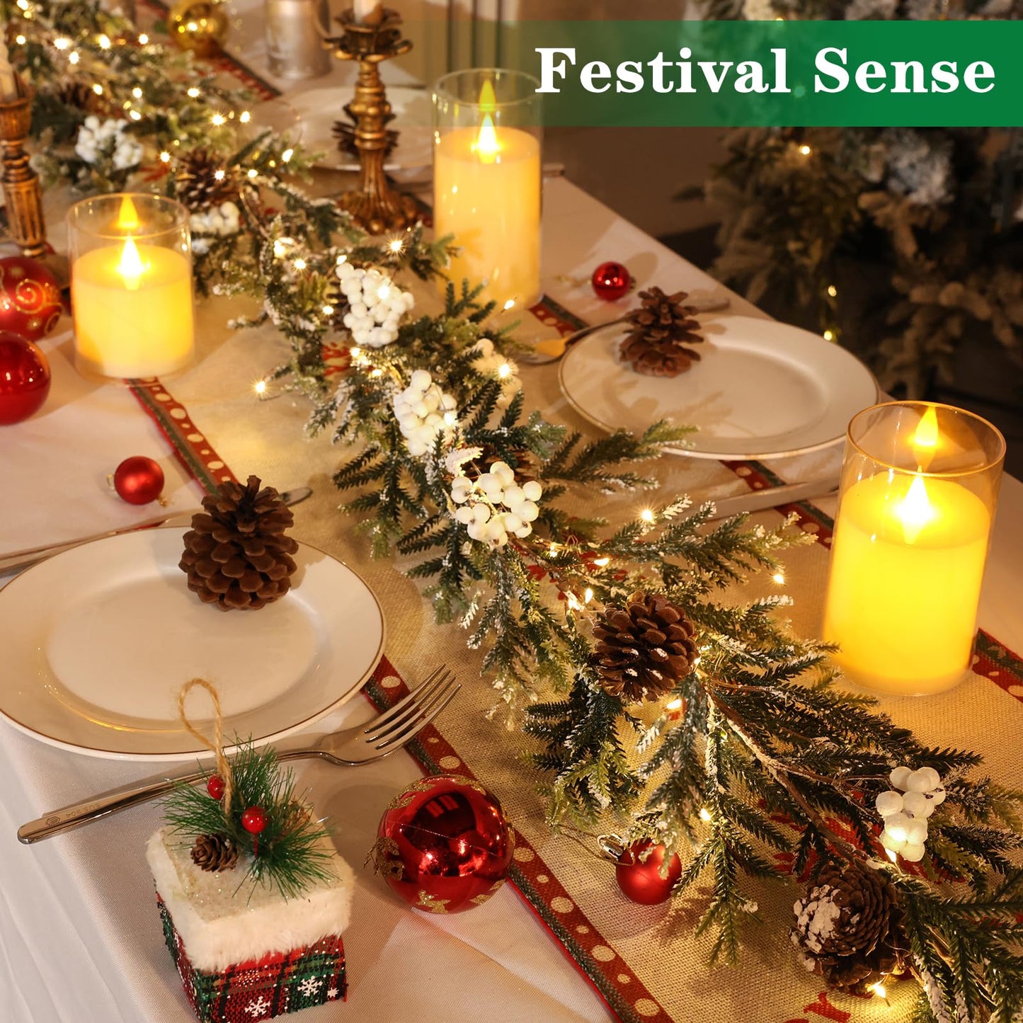 6FT Christmas Garland with Lights, Christmas Decorations Indoor Outdoor Pre-lit Artificial Pine Garland with Battery Operated Timer, Home Holiday Decor Flocked Garland for Mantel Window Stairs Wall