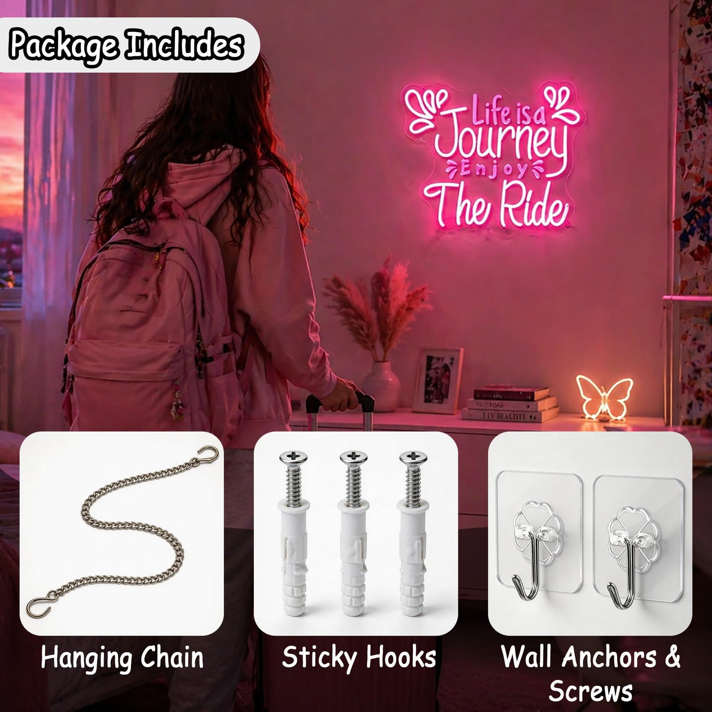 Whfobfe Pink Neon Sign Led Neon Lights Signs for Wall Decor USB Powered Led Signs for Room Decoration-Life is a Journey Enjoy The Ride