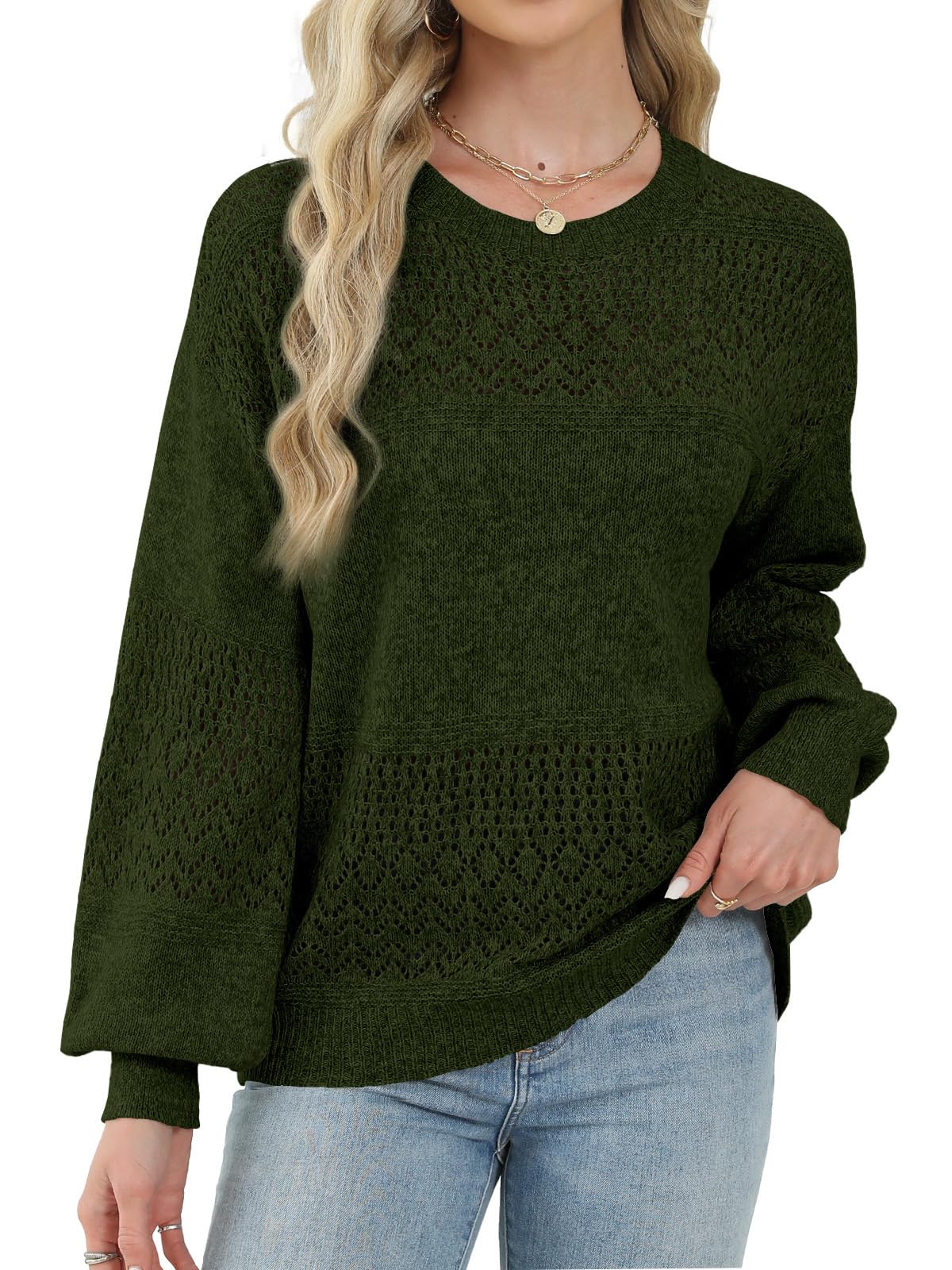 Lylinan Womens Sweaters Casual Boho Long Sleeve Shirts Crewneck Lightweight Crochet Tops Pullover Knit Sweater
