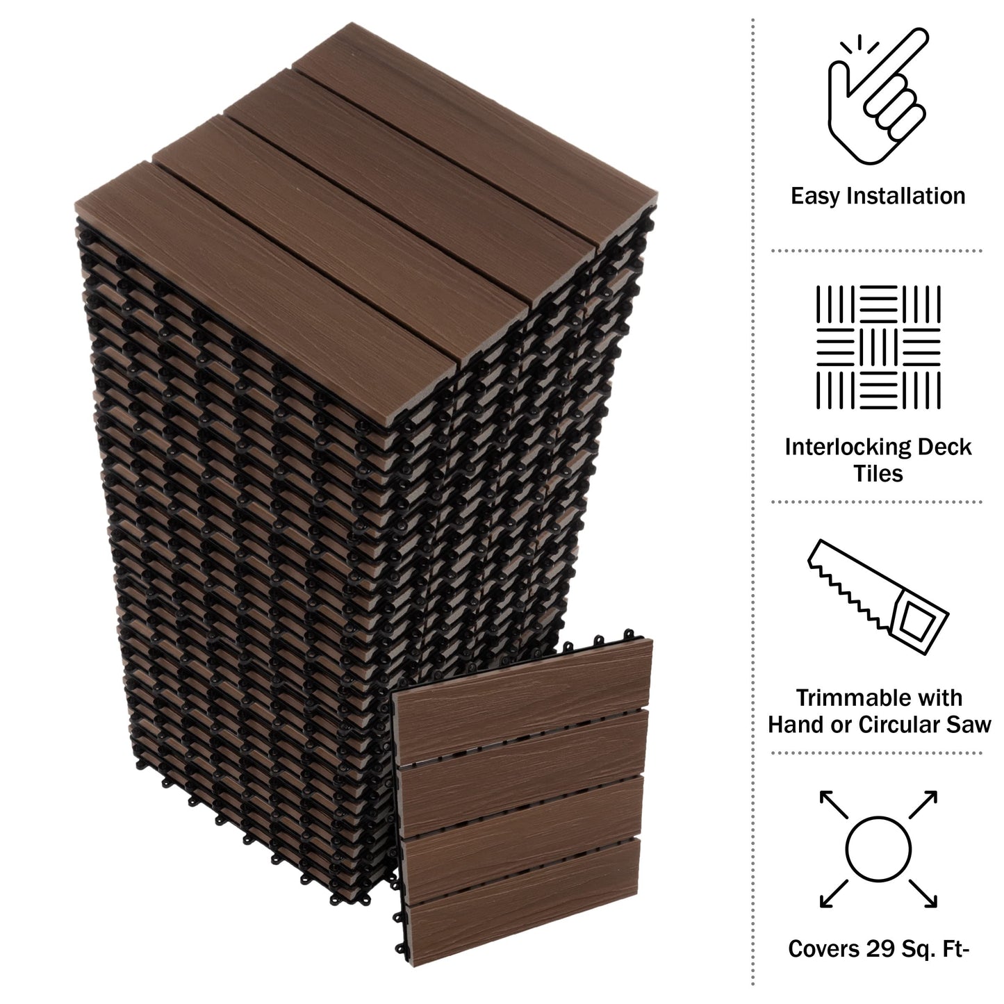 Interlocking Deck Tiles - 30-Pack 11.6-in Wood Plastic Composite All-Weather Outdoor Flooring Balcony Poolside or Patio by Pure Garden (Mocha Brown Woodgrain)