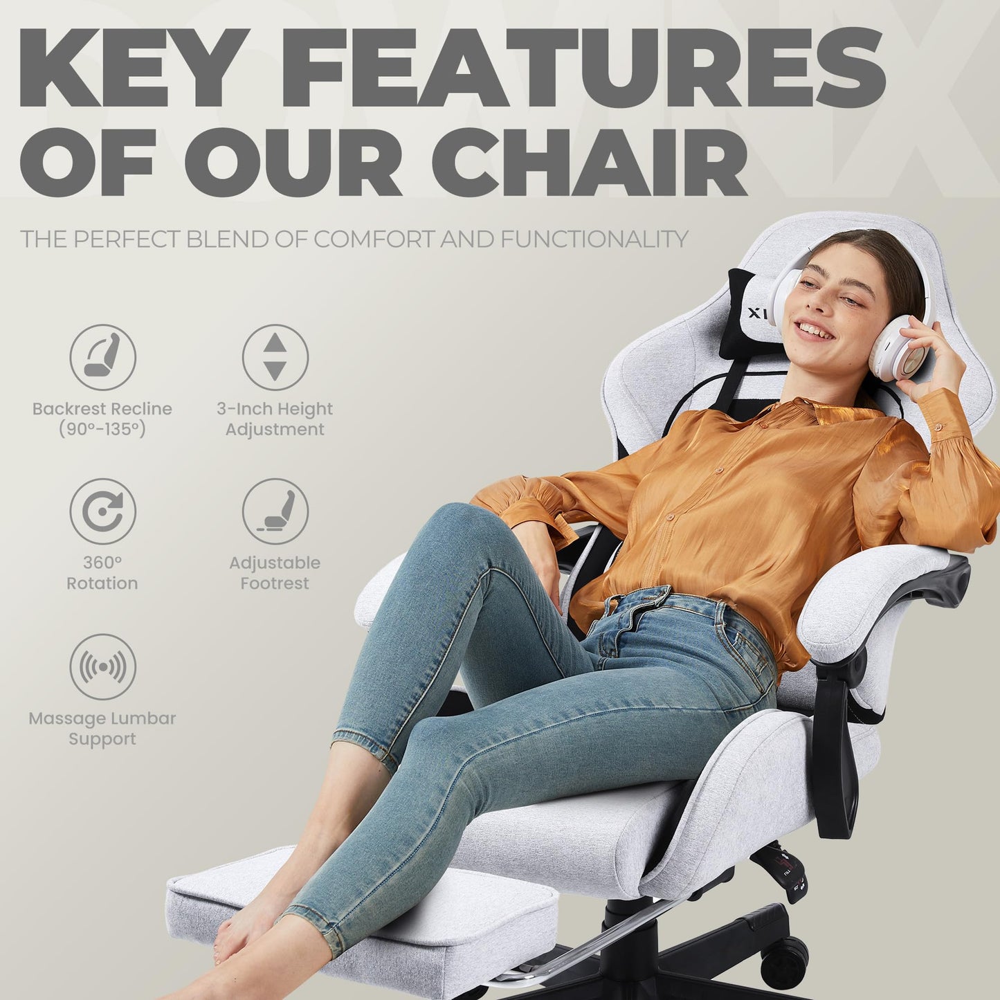 Dowinx Gaming Chair Fabric with Pocket Spring Cushion, Massage Game Chair Cloth with Headrest, Ergonomic Computer Chair with Footrest 290LBS, Black and Grey