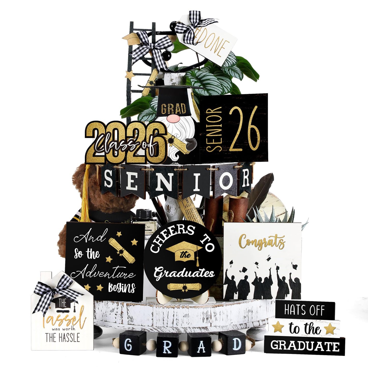 Mifoci 19 Pcs Graduation Tiered Tray Decor Set 2026 Graduation Farmhouse Wooden Sign Tray Decorative for Party Kitchen Table Centerpiece Supplies